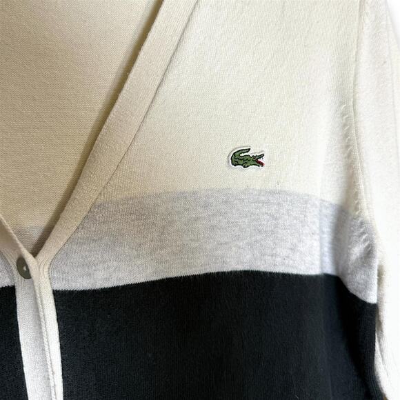 Lacoste Colorblock Knit Cardigan Ivory Gray Black V-Neck Logo Button Front S/M - Picture 4 of 8